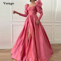 verngo pink pearls beads evening dresses puff long sleeves sweetheart side slit floor length prom dress women formal dress
