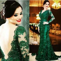 new elegant emerald green lace mermaid long sleeve mother of the bride dresses see through back beaded wedding guest gowns