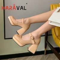 2021women pumps shoes thick high heels waterproof platform mary janes patent leather classics dress square toe buckle strap a43