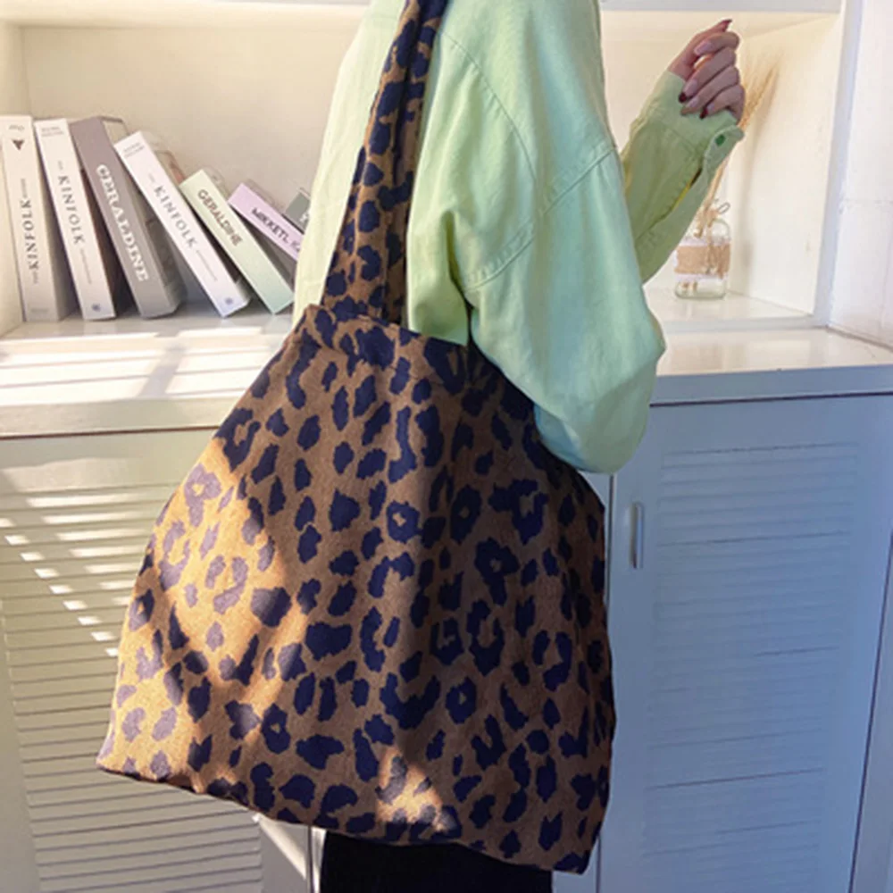 

Corduroy Leopard Print Bag Ladies Shoulder Casual Tote Shopping Bag Large Capacity Handbags Totes Women