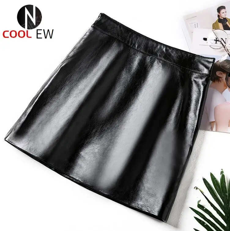 

Hot Sexy Women Plaid Mini Skirt High Waist Patent Leather Sheepskin A Line Skirts Lady Party Top Quality Real Leather Skirt 3XL
