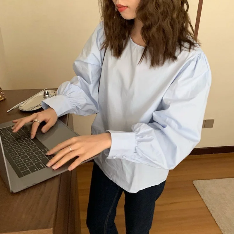 

Basic Solid Color All Match Puff Long Sleeve Spring Cotton Shirts Women Fashion Casual Loose Blouse 2021 Spring Fall Tops