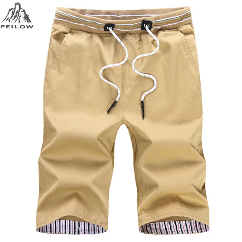 Peilow Летние повседневные шорты Для мужчин хлопок Slim Fit Solid Цвет до колена эластичный пояс Бермуды пляжные шорты брюки размер M~ 5XL