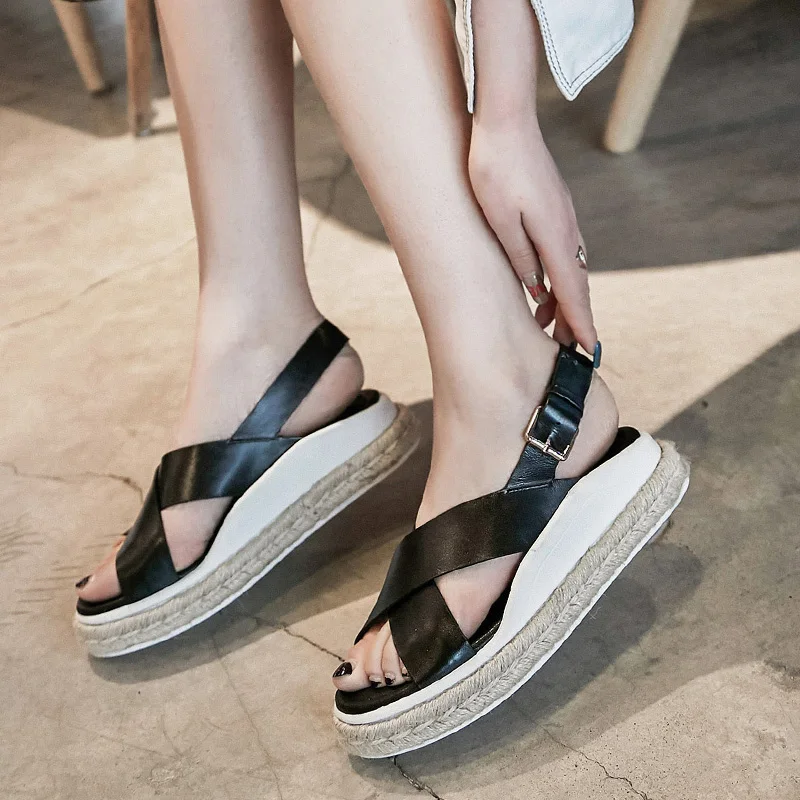 

Platform Shoes Women Genuine Cow Leather Sandals For Women Shoes 2021 Summer Open-Toed Women Slippers