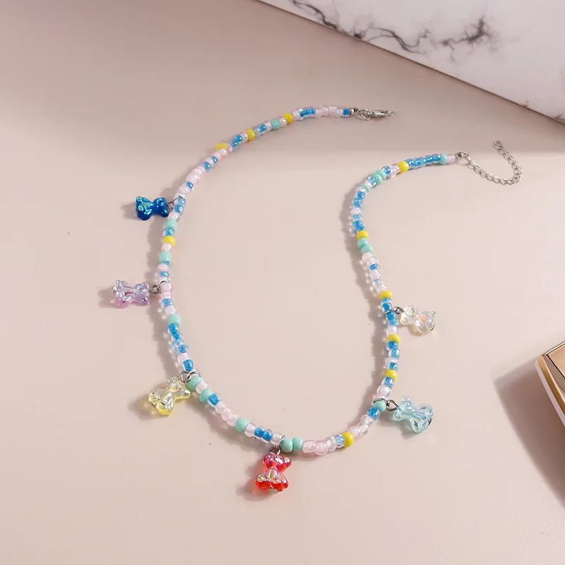 

Bohemia Korean Summer Colorful Gummy Bear Pendant Choker Resin Multicolor Rice Beaded Clavicle Necklace for Women Girls Gifts