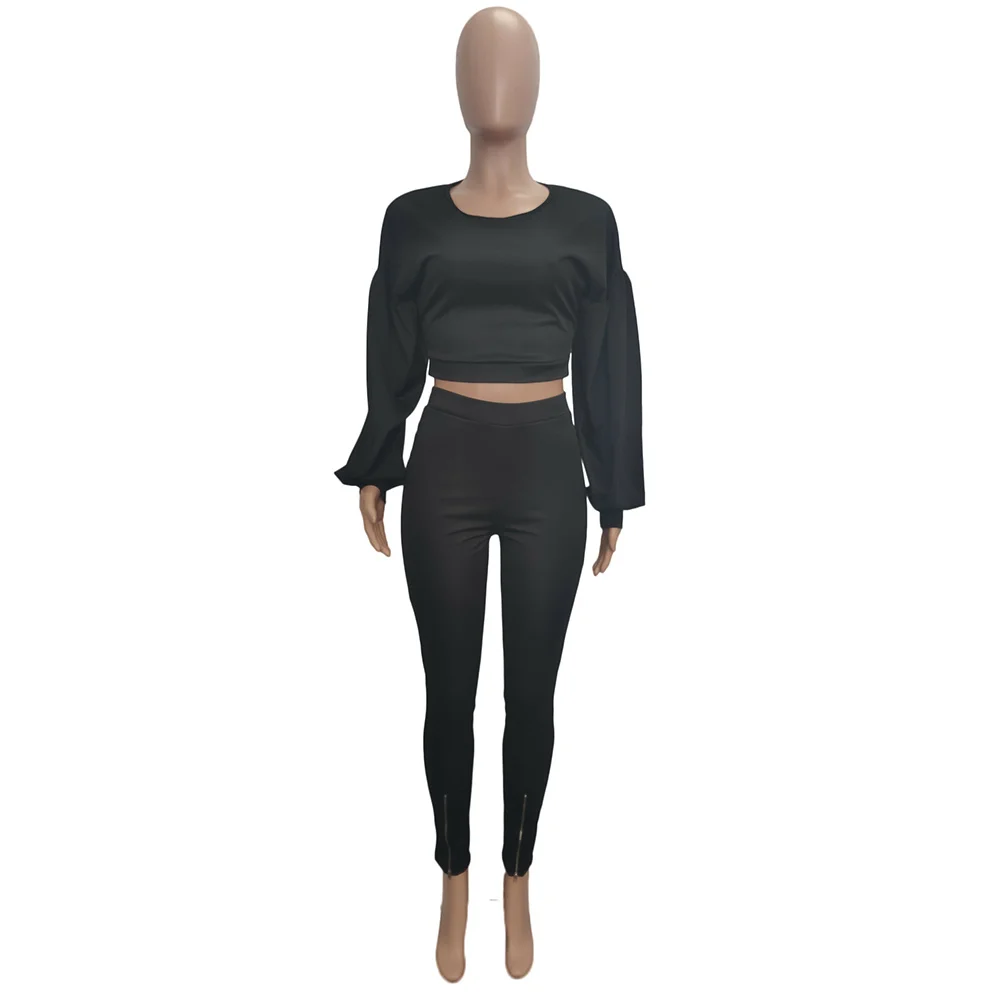 

Neon Orange Yellow Fitness Tracksuit Women's Outfits O Neck Long Puff Sleeve Crop Top and Zipper Spliced Pencil Pant Loungewear