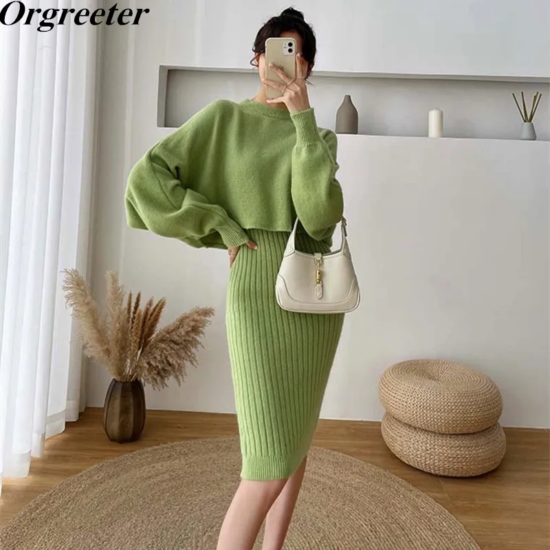 

Fall Winter Sweater Dress Set Solid Color Female Casual Two Piece Batwing Sweater Ribbed Knit Spaghetti Knee-length Dress Set
