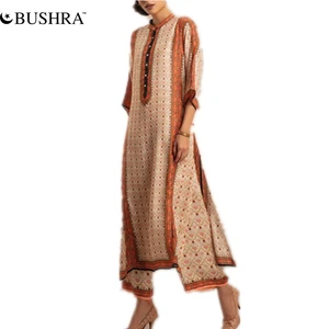Bushra Printed Slit Maxi Dress Middle East Muslim Front Open Abaya Women Loose Robe Elegant Stand Collar Long Sleeve Split 2022