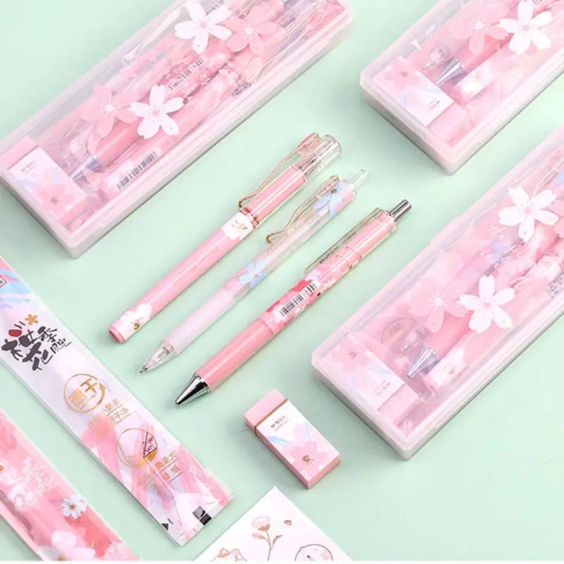 1 Set Cherry Blossoms Ice Gel Pen Eraser Sticker Black Ink 0.5mm Signature Pens R9CB |