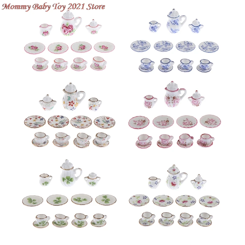 

15pcs 1:12 Porcelain Tea Cup Set Flower Tableware Kitchen Dollhouse 1/12 Scale Miniature (8 Patterns for your choice)