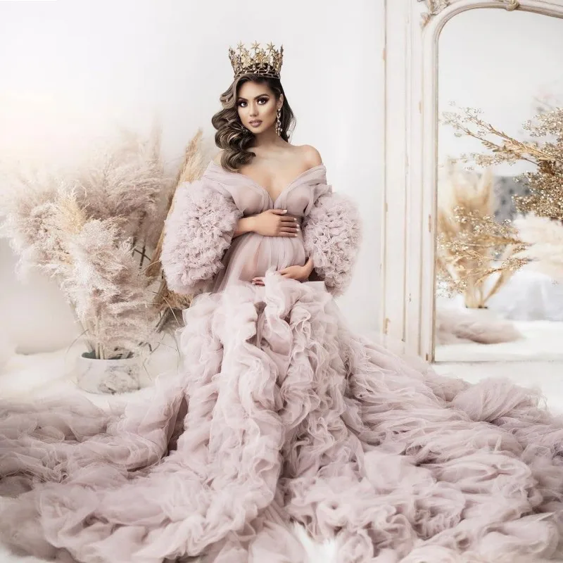 

Gorgeous Pink Off The Shoulder Maternity Dresses For Photo Shoot Tulle Ruffles Puffy Robe Dressing Gown Pregnancy Clothes
