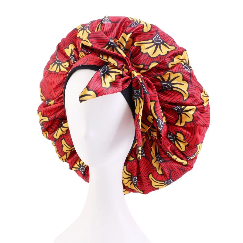 

Adjustable Wide Band Elastic Bonnet Big Size African Pattern Print Satin Ankara Bonnet Women Night Sleep Cap Head Wrap Hair Hat