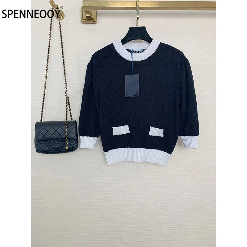 

Женский Осенний вязаный пуловер SPENNEOOY, черный, белый свитер с рукавом 3/4 и надписью, джемпер