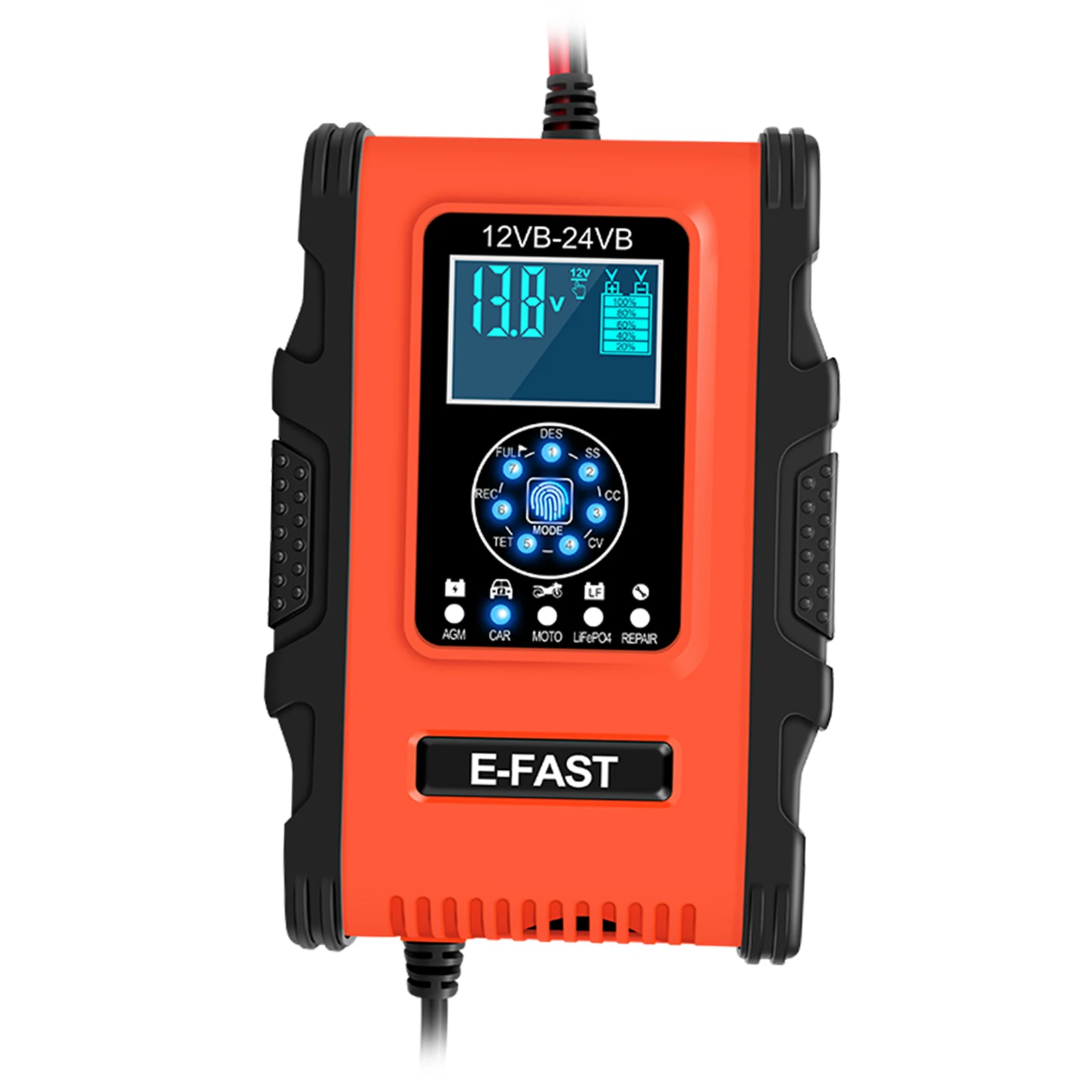 7 Stage Smart Car Battery Charger Fast Power Truck Full Automatic Charging with Cable Clamps LCD Display Battery Charger Tools