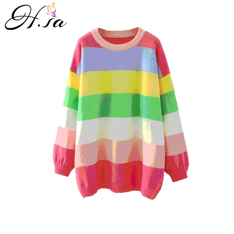 

H.SA Women Winter Long Sweaters 2020 Casual Striped Rainbow Pull Sweaters Oneck Chic Streetwear Korean Oversized Pullover Roupa