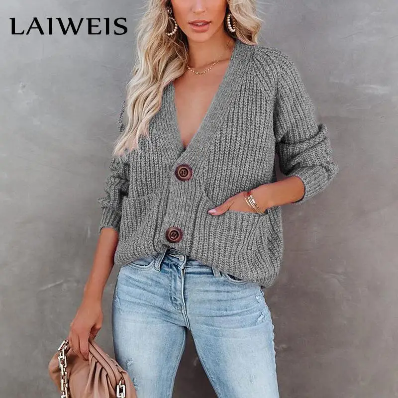 

LAIWEIS Cardigan Women Sweater 2021 Winter Fashion Gray V-Neck Knitted Lady Clothes Solid Casual Khaki Warm Loose Coat