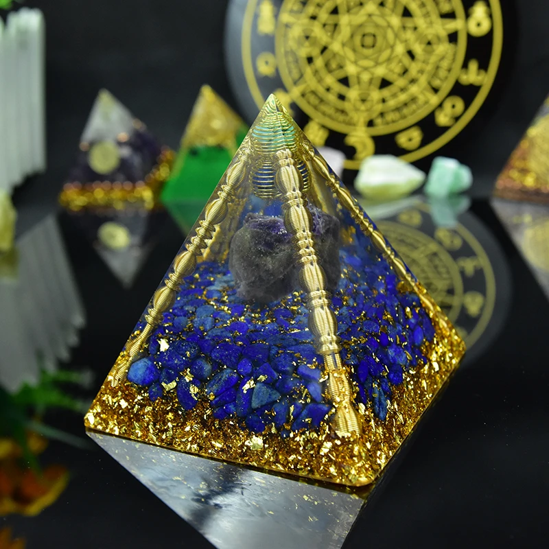 Aura Orgon Energy Pyramid Chakras Stone Orgonite Amethyst Crystals Lapis Lazuli Home Office Decor Resin Reiki Gift