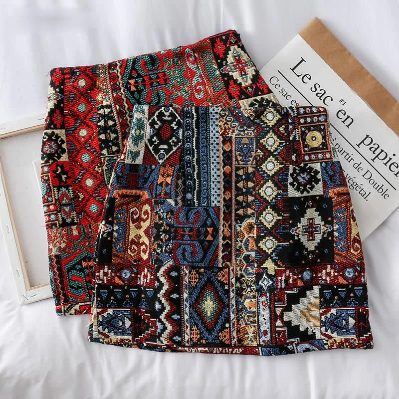 

Women Boho Skirt Embroidery A-Line Mini Skirts Chic Geometry Pattern Woolen Wide Leg Vintage Bohemian Folk Skirts Women
