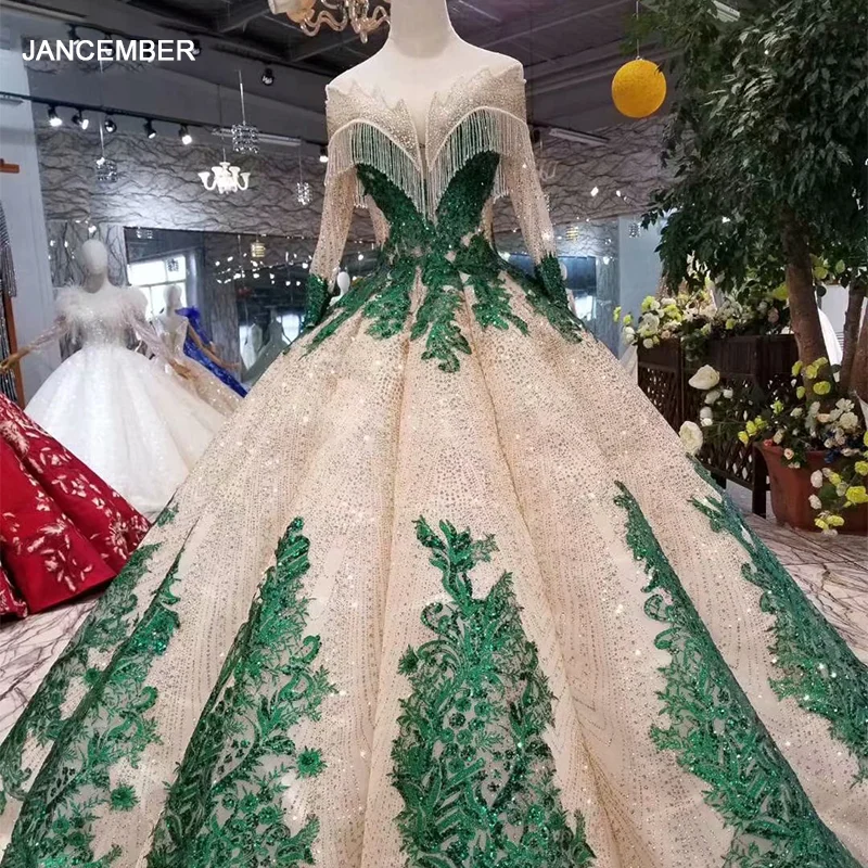 LS11252 ball gown evening dresses with green appliques special o-neck long sleeves dubai prom curve shape ladies | Свадьбы и