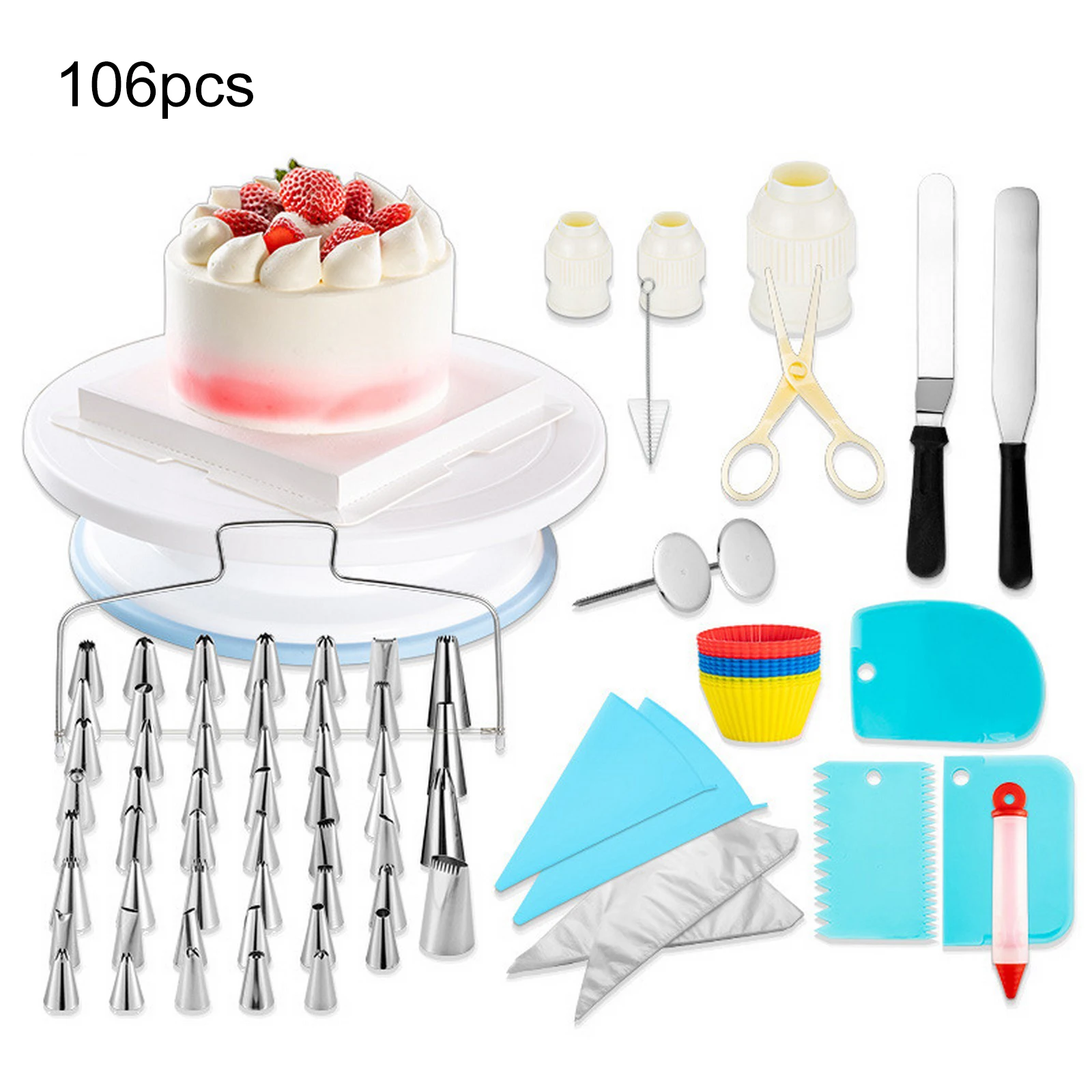 

73/106 pcs Cake Decorating Tools Set Cakes Turntable Kit Nozzle Pastry Bag Spatula Carved Piping Nozzle Piping Bag Baking Tool