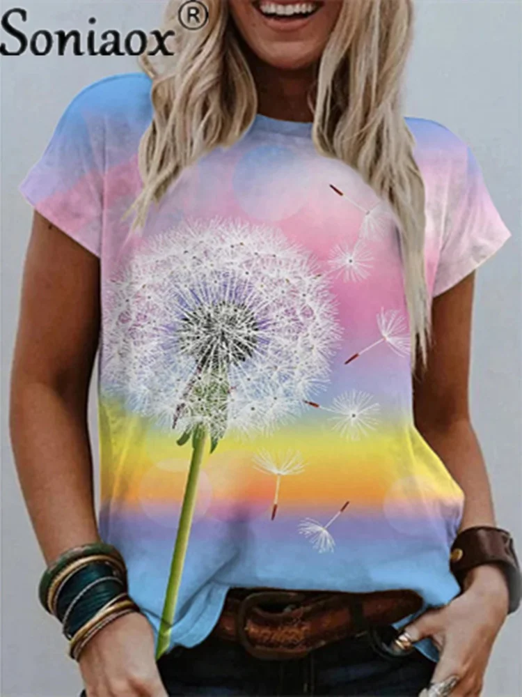 

2021 Women's New Watercolor Painting Floral Printed Round Neck Short Sleeve T-Shirt Fashion Casual Loose Ladies T-Shirts Tops