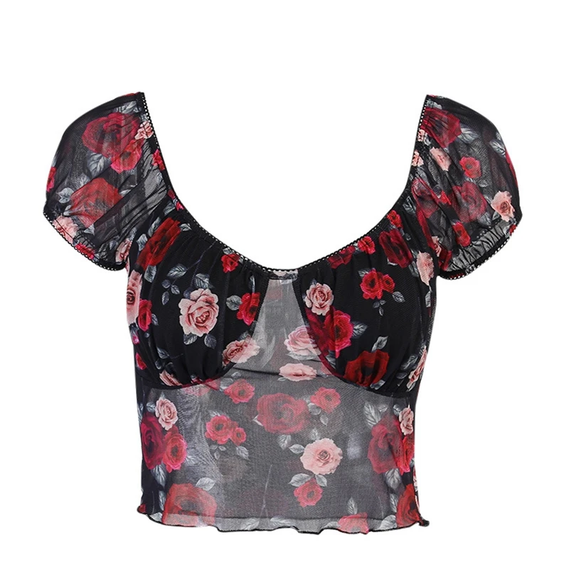

Rose Print Mesh Crop Top Vintage Short Sleeve Slim Fit See Through T-shirt Women Summer Clothing Harajuku Top Tees Streetwear