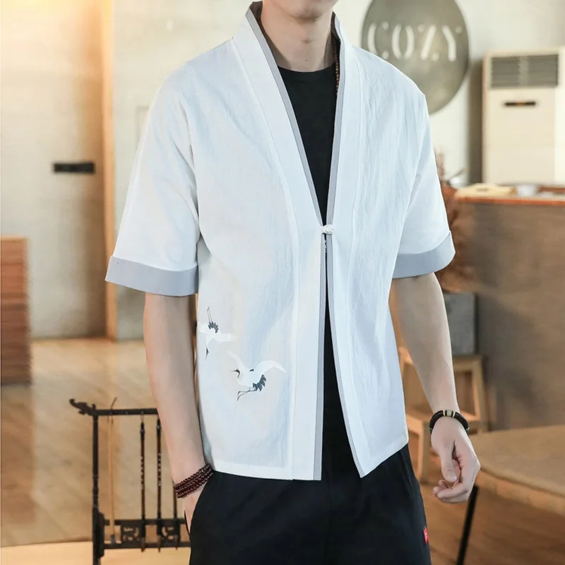 Льняная футболка в китайском стиле на пуговицах мужская летняя рубашка с