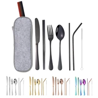 7 piece set stainless steel tableware knife fork spoon chopsticks straw outdoor travel convenient tableware set