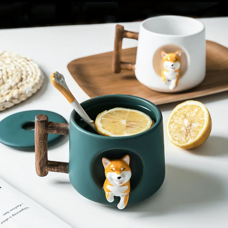 

Cartoon Ceramic Mug Creative 3D Shiba Inu Dog Embossed Mounted Milk Tea Cup with Lid Spoon Funny Cute Dog Mugs Christmas Gifts