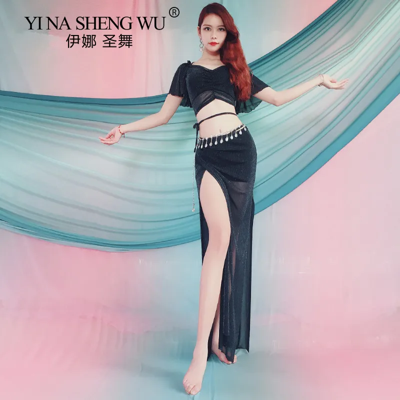 

Mesh Transparent Women Belly Dance Costume 2 Piece Long Skirt Professional Dance Practice Wear Team Dance Oriental Dance Clothes