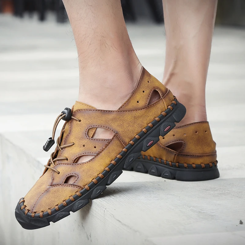 Летние мужские плоский сандалии пляж сандалии-гладиаторы ручной работы шлёпанцы