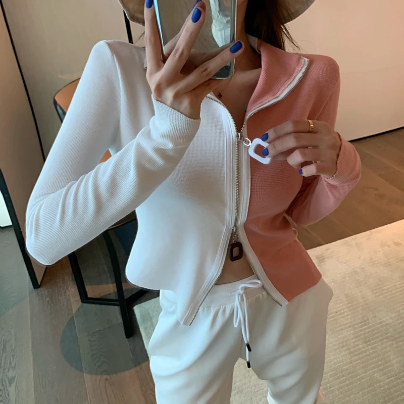 WHITNEY WANG Sweaters 2019 Fashion Streetwear Colors Contrast Patchwork Zipper Slim Sweater Women Pullover sueter mujer invierno |