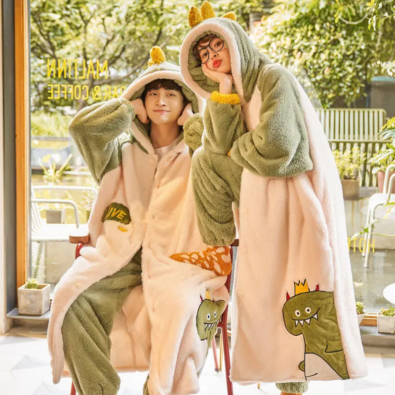 Cute Warm Thicken Hooded Pajamas Women Autumn and Winter Plush Cartoon Slepwear Set Plus Velvet Male Home Wear Couple Pyjama