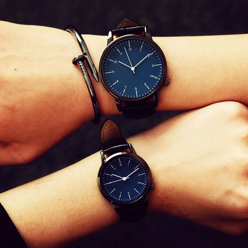 Мужские и женские наручные часы LSVTR черные с кожаным ремешком для влюбленных