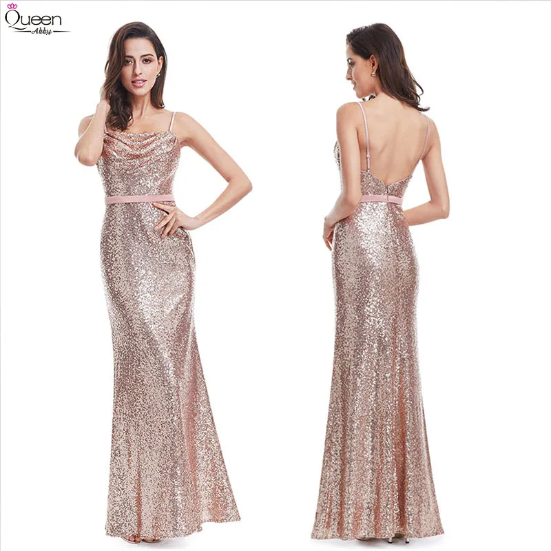 Женское вечернее платье с юбкой годе розовое золотистое длинное на бретелях