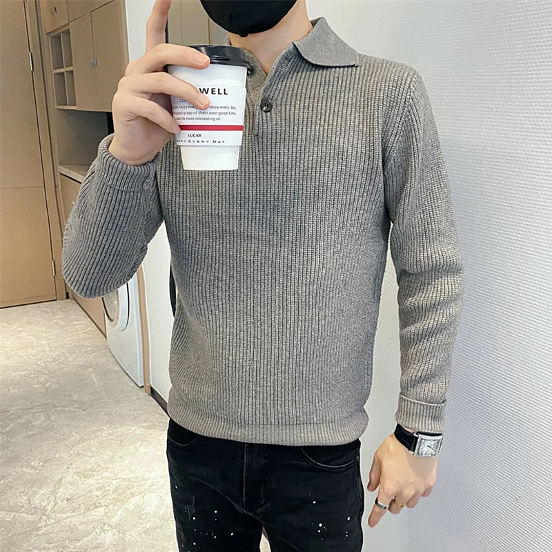 

British Style Casual Men's Sweater Polo Lapel Knitted Sweater Business Office Social Pullover Long Sleeve Warm Knitwear Top