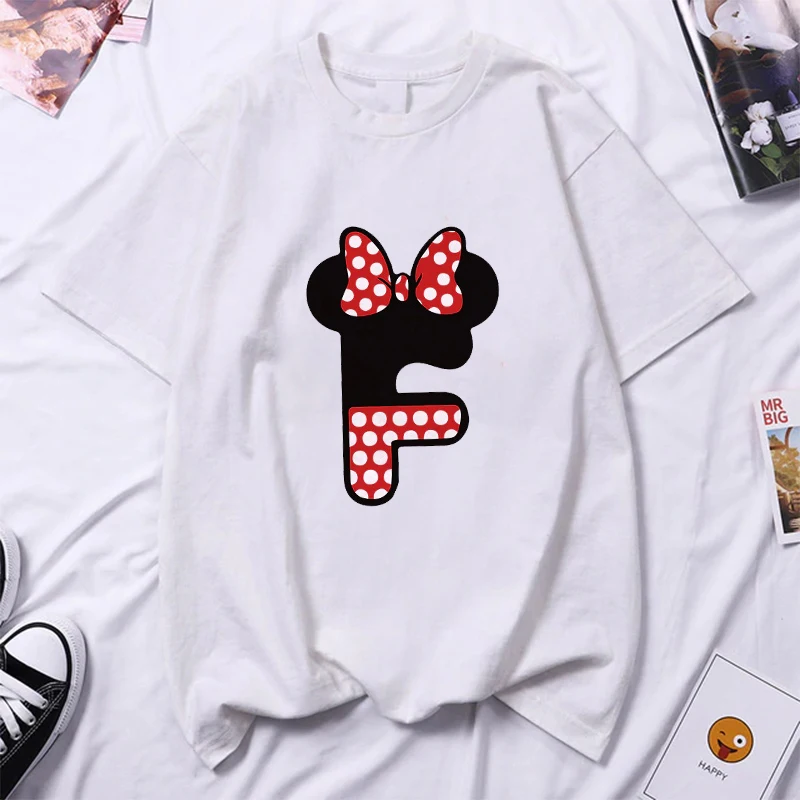 

Custom Name Letter Combination Women's High Quality Print T-shirt Bowknot Cartoon Letters Font A B C D E F G Short Sleeve Tshirt