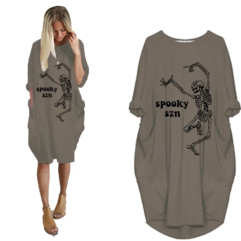 

Women Autumn Winter Oversized Midi Dress O Neck Long Sleeve Pocket Spooky Szn And Skull Print Vintage Casual Loose Dresses Robe