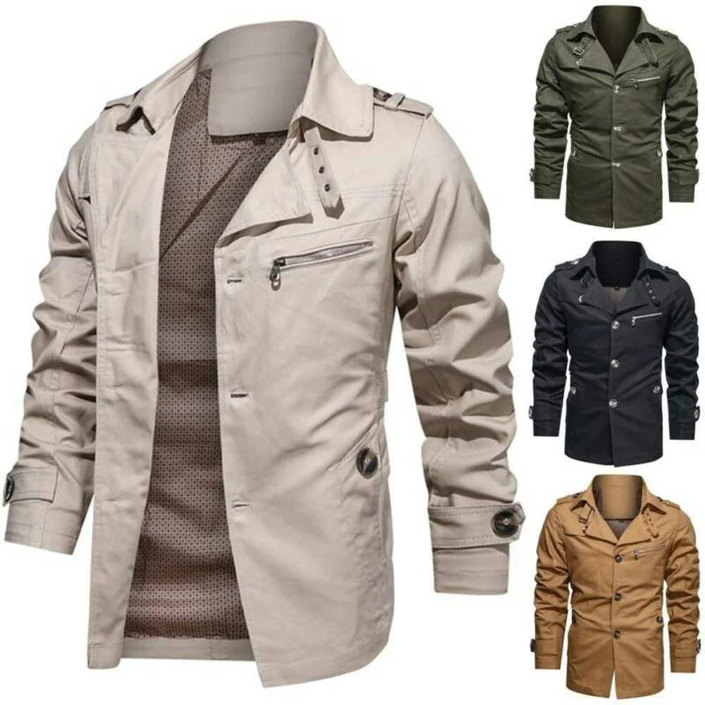 

Mens Lapel Outdoor Jacket Tactical Coat Windproof Single Breasted Military Tops