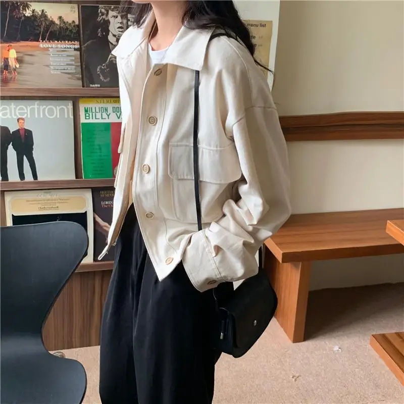 

Jackets Womens Loose Turn-down Collar Korean Vintage New Autumn Casual Pockets Single-breasted Cargo Style Femme High Street 2XL