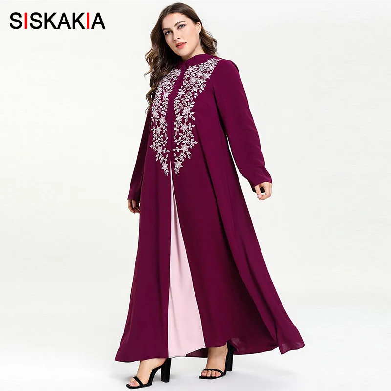 Siskakia модная мусульманская абайя платье нежное Цветочная вышивка женское длинное платье размера плюс Дубай Арабская Турецкая одежда фиолетовый 4XL