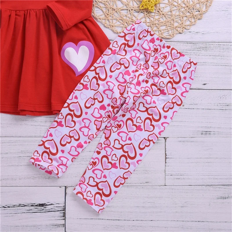 

3 Piece Outfit Set Valentine's Day Kids Girls Long Sleeve Red Solid Color Heart Print Tops+Pink Heart Print Pants+Headband