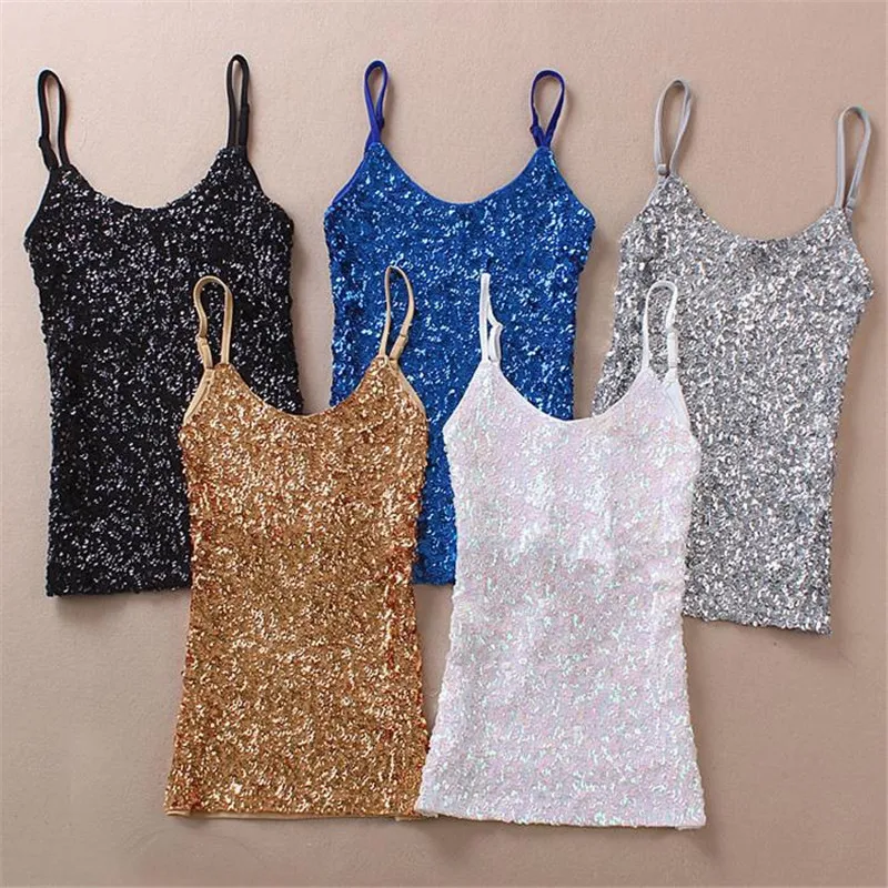 Sexy Women Ladies Sequined Bling Shiny Tank Tops Sleeveless T Shirts Camis Blouse Vest Bottom Sling Top Multicolor