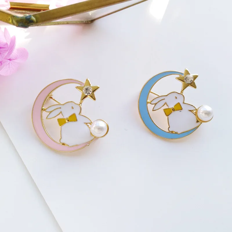 Carvejewl Cartoon animal pink blue rabbit brooch fashion bunny Badge Enamel glaze star moon Shirt Pins Women's Jewelry kids Gift |