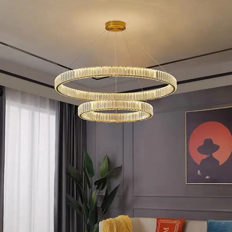 

Living room large chandelier simple modern light luxury LED crystal lamp villa high double stairwell long chandelier