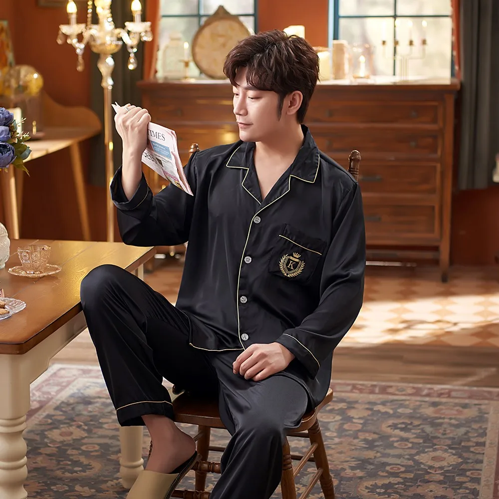 

Satin Men Pajams Set Loose Casual 2PCS Sleepwear Long Sleeve Turn-Down Collar Shirt&Pant Spring Plus Size Pijamas Suit 2XL 3XL