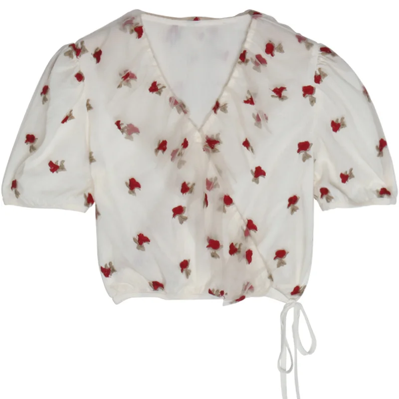 Женская шифоновая рубашка с коротким рукавом V-образным вырезом и вышивкой розы |