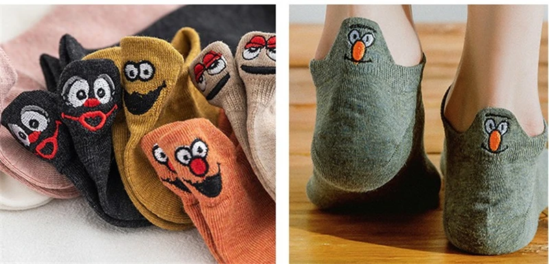 3PAIRS Kawaii Embroidered Expression Women Socks Happy Fashion Ankle Funny Socks Women Cotton Summer Candy Color