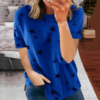 

Новая летняя женская одежда с принтом со звездой, круглой горловиной большой Размеры повседневные свободные футболки с коротким рукавом дл...