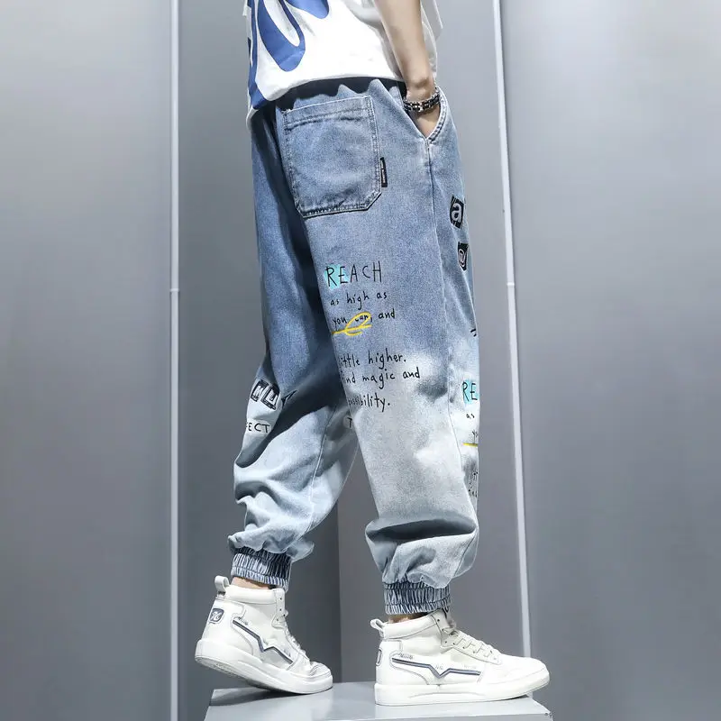 Graffiti Printing Jeans Men's Gradient Hip Hop Trousers Harem Cartoon Loose Casual Ankle Banded Pants Cargo Denim Jeans for Men
